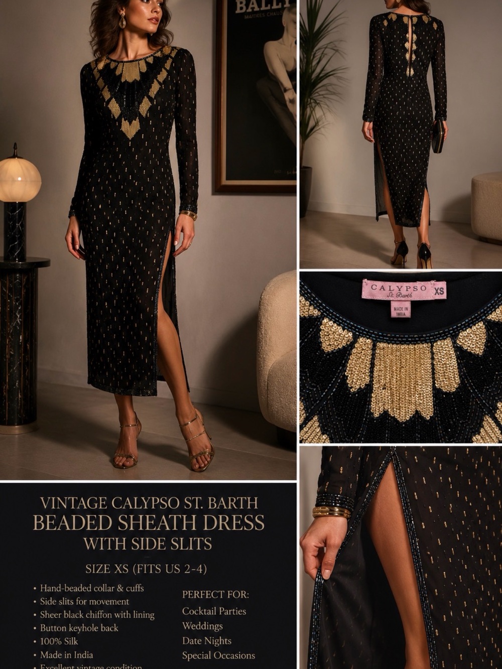 Calypso St. Barth Hand Beaded Art Deco Evening Dress xs